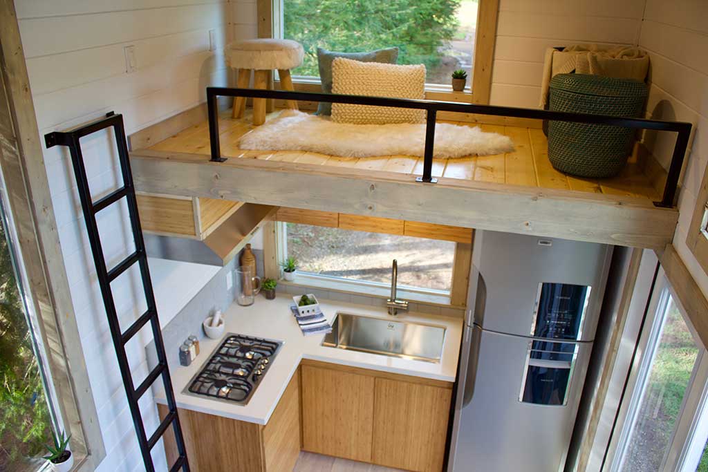 View of the loft and kitchen in the Live / Work Tiny Home