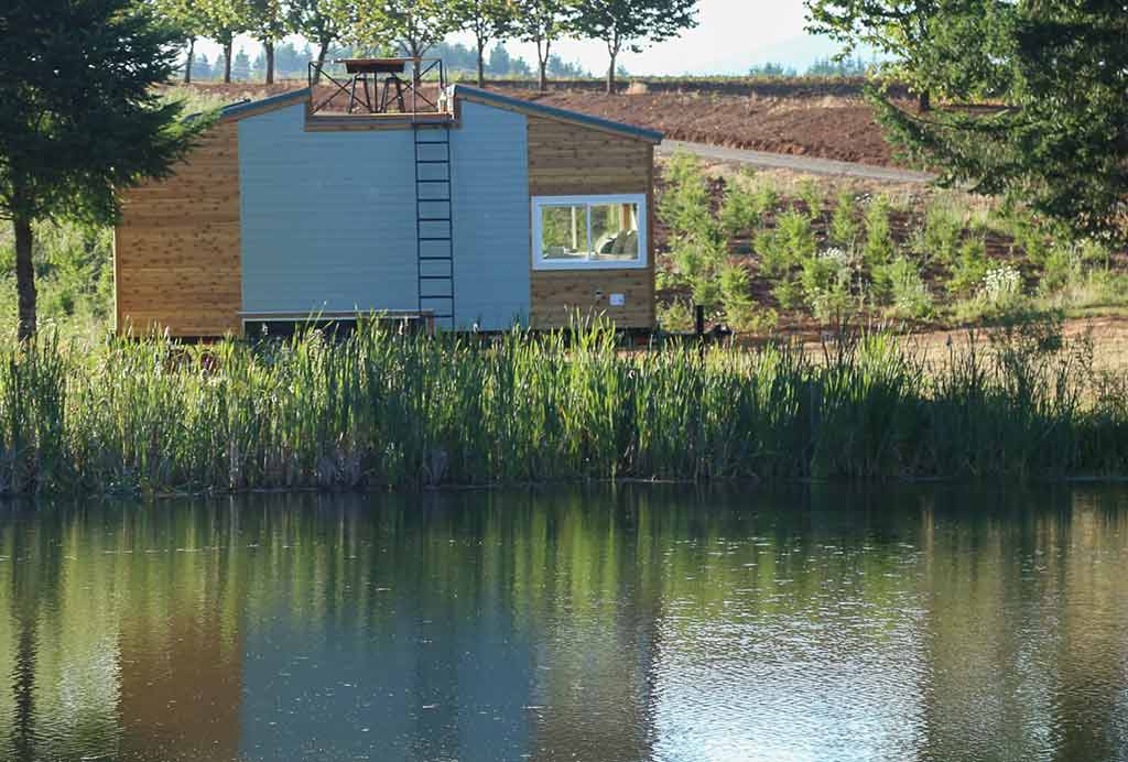 Rustic Farmhouse custom tiny home set by a lake with a ladder to a rooftop deck