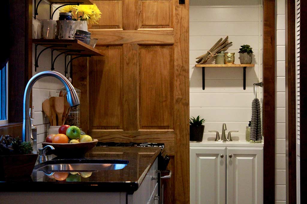 Another view of Outside of The Sapphire custom tiny house's kitchen